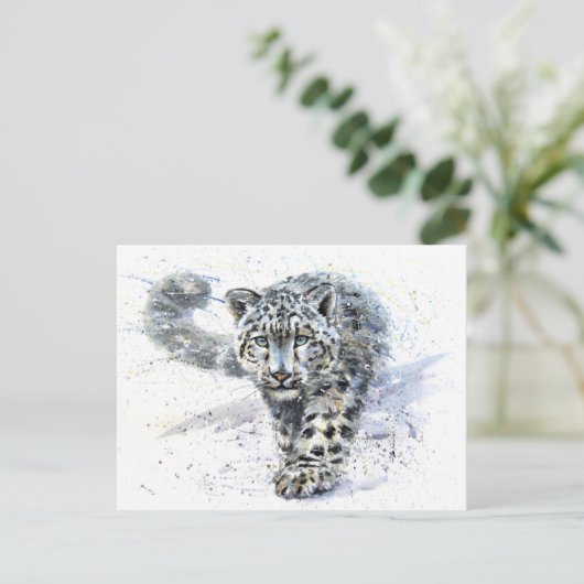 Snow Leopard Wasserfarbe Postkarte (Stehend Vorderseite)