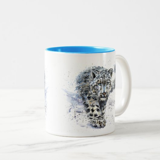 Snow Leopard Wasserfarbe Zweifarbige Tasse (VorderseiteRechts)