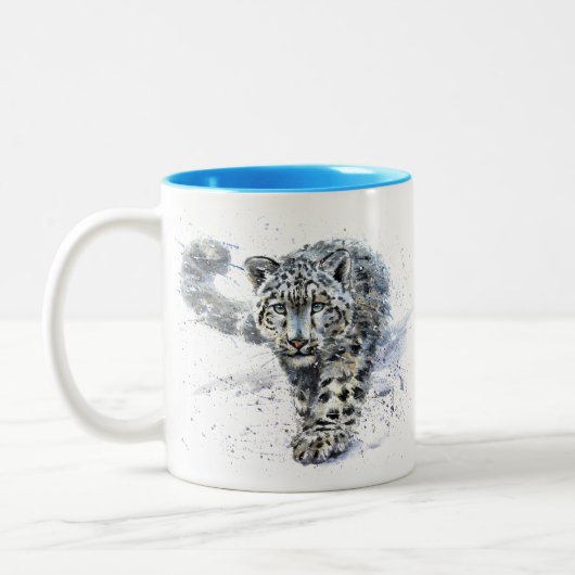 Snow Leopard Wasserfarbe Zweifarbige Tasse (Links)