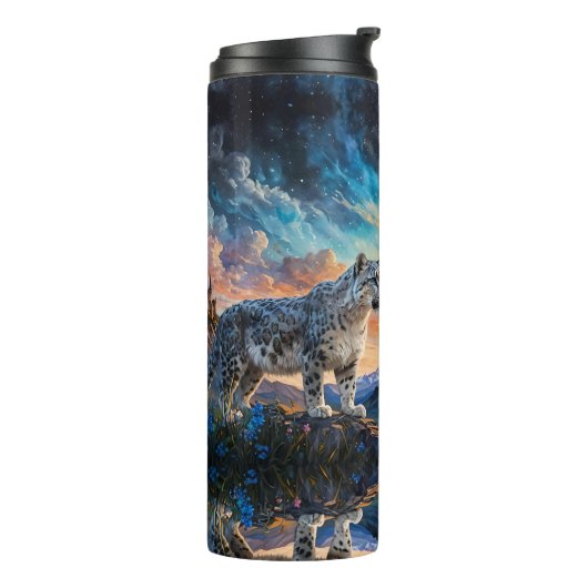 Snow Leopard Wildfire Sunrise Reflexion Thermosbecher (Nach links gedreht)