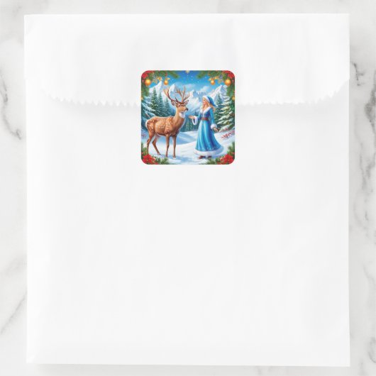 Snow Maiden Bezaubernde Winterlandschaft Quadratischer Aufkleber (Tasche)