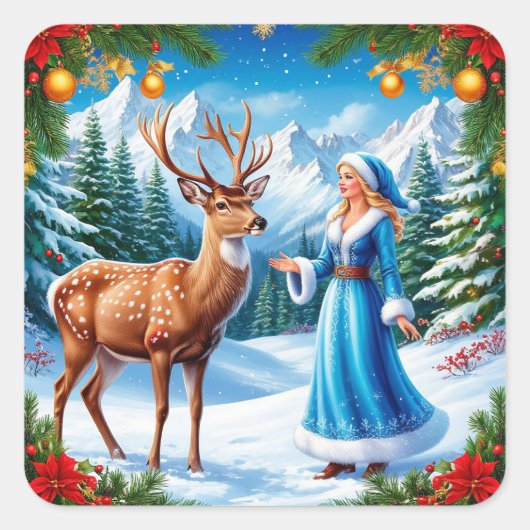 Snow Maiden Bezaubernde Winterlandschaft Quadratischer Aufkleber (Vorderseite)