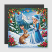 Snow Maiden im Winter-Waldlandschaft mit Kaninchen Magnetkarte (Vorne/Hinten)