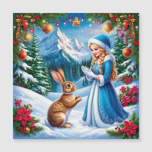 Snow Maiden im Winter-Waldlandschaft mit Kaninchen Magnetkarte (Vorderseite)