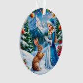 Snow Maiden im Winter-Waldlandschaft mit Kaninchen Ornament (Vorderseite)