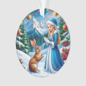 Snow Maiden im Winter-Waldlandschaft mit Kaninchen Ornament (Vorderseite)