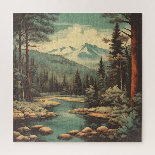 Snow Mountain Forest River Rocks Landschaft Puzzle (Vertikal)