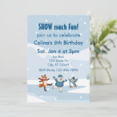 Snow Much Fun, ice skating animals winter birthday Einladung (Stehend Vorderseite)