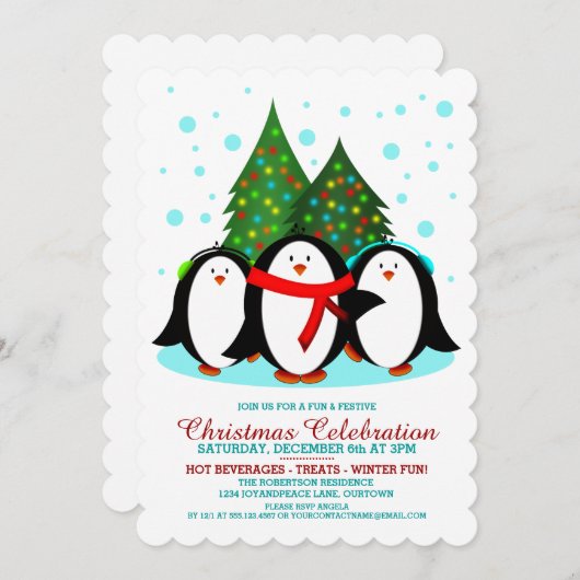Snow Penguins Weihnachtsfeierliche Party Einladung (Vorne/Hinten)