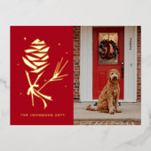 Snow Pinecone Holiday Foto Folien Feiertagspostkarte (Vorderseite)