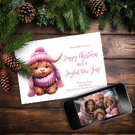 Snow Play Pink Highland Kuh Weihnachtsfotokarte Feiertagskarte