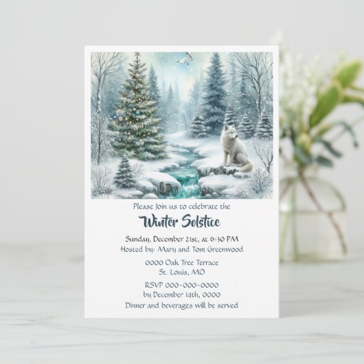 Snow Scene with Fox Winter Solstice Dinner Einladung (Stehend Vorderseite)