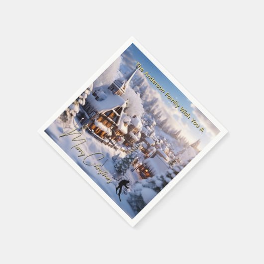 Snow ski chalets editable holiday greeting serviette (Ecke)