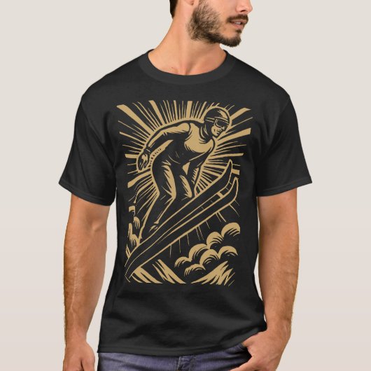 Snow Skier Retro Art Deco T-Shirt (Vorderseite)