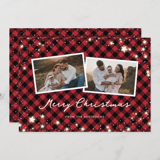 Snow Stars Script Red Kariert 2 Foto Weihnachten (Vorne/Hinten)
