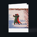Snow Tango Feiertagskarte<br><div class="desc">Dieses Gemälde zeigt ein Paar,  das den finnischen Tango im Schnee tanzt,  ein gewöhnlicher Anblick in Finnland während der Wintermonate . Um die Stimmung zu verbessern,  hat künstlerische Lizenz die Band und andere Tänzer aus dem Bild behalten.</div>
