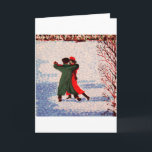 Snow Tango Feiertagskarte<br><div class="desc">Dieses Gemälde zeigt ein Paar,  das den finnischen Tango im Schnee tanzt,  ein gewöhnlicher Anblick in Finnland während der Wintermonate . Um die Stimmung zu verbessern,  hat künstlerische Lizenz die Band und andere Tänzer aus dem Bild behalten.</div>