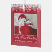 Snow Top Mein erstes Weihnachtsbaby Foto Red Ornament Aus Glas (Vorderseite links)