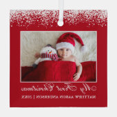 Snow Top Mein erstes Weihnachtsbaby Foto Red Ornament Aus Glas (Rückseite)