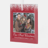 Snow Top Unser erstes Weihnachtsfamilien Foto Red Ornament Aus Glas (Vorderseite links)