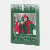 Snow Top Unser erstes Weihnachtskuchen Foto Grün Ornament Aus Glas (Vorderseite links)