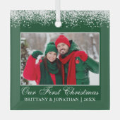 Snow Top Unser erstes Weihnachtskuchen Foto Grün Ornament Aus Glas (Vorderseite)