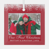 Snow Top Unser erstes Weihnachtskuchen Foto Rot Ornament Aus Glas (Vorderseite)