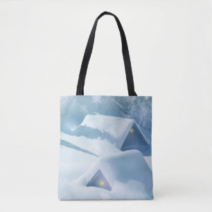 Snow topped roof in a forest tasche