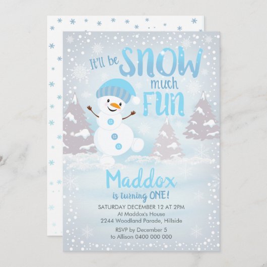 Snow viel Spaß 1. Geburtstag Einladung Winter Jung (Vorne/Hinten)