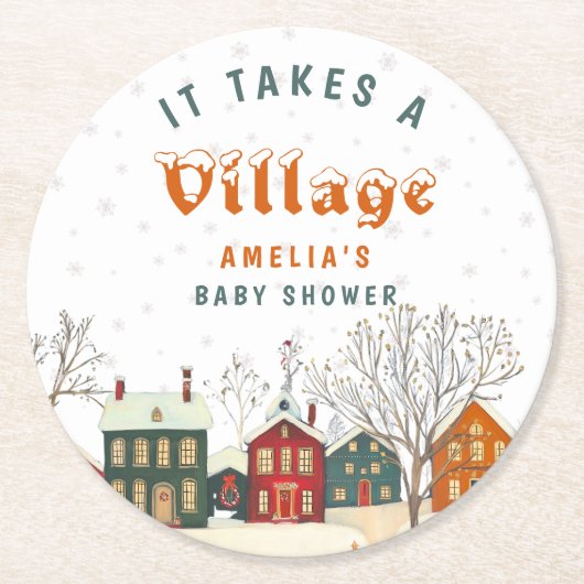 Snow Village Winter Baby Shower Runder Pappuntersetzer (Vorderseite)