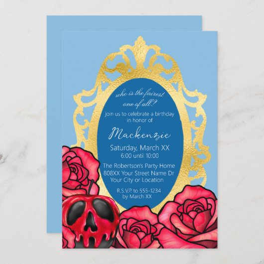 Snow White Mirror Light Blue & Red Poison Apple Einladung (Vorne/Hinten)