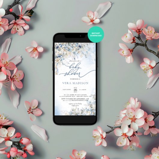 Snow Winter Dusty Blue Baby Dusche Einladung