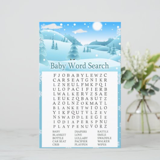 Snow Winter Forest Baby Dusche Word Search Game (Stehend Vorderseite)