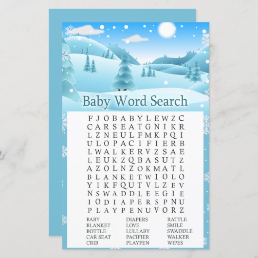 Snow Winter Forest Baby Dusche Word Search Game (Vorne/Hinten)
