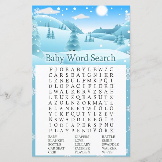 Snow Winter Forest Baby Dusche Word Search Game (Vorderseite)