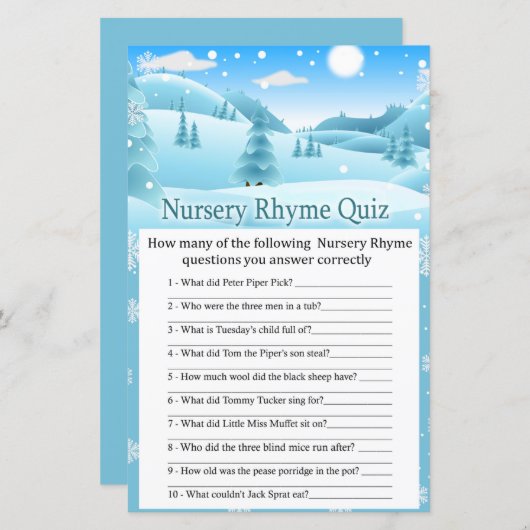 Snow Winter Forest Kinderzimmer Rhyme Quiz Babydus (Vorne/Hinten)