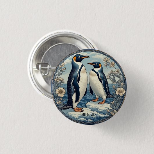 Snow Winter Glacier Blue Mr & Mrs Penguin Couple  Button (Vorne & Hinten)