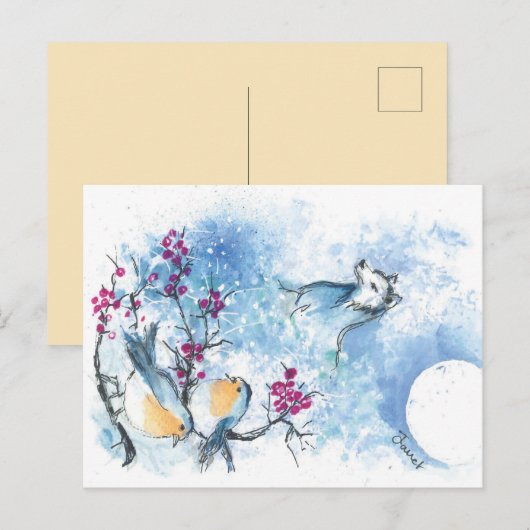 Snow Wolf und Robinen Postkarte (Vorne/Hinten)