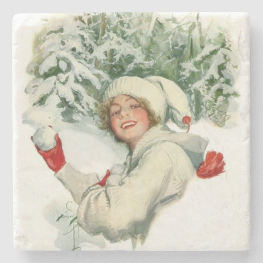 Snowball Fight (von Harrison Fisher) Steinuntersetzer (Vorderseite)