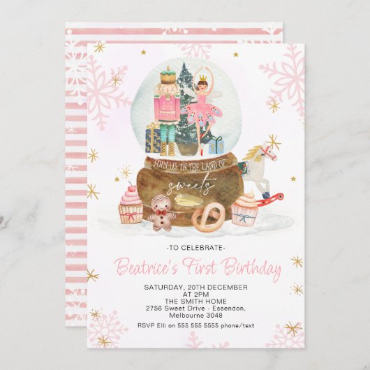 Snowball Globe Nutcracker Zucker Pflaume Süßigkeit Einladung (Vorne/Hinten)