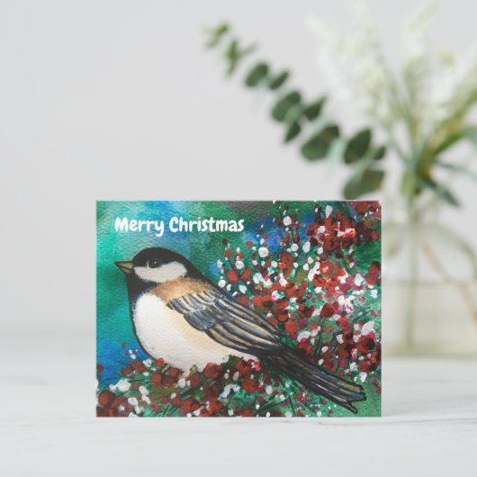 Snowberries Chickadee Forest Frohe Weihnachten Postkarte (Stehend Vorderseite)