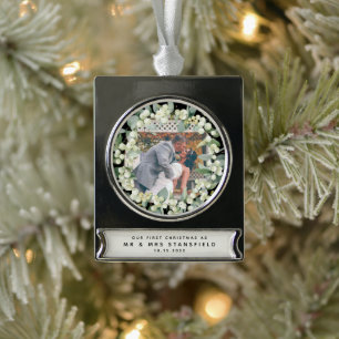 Snowberries - Unser Erster Weihnachtsmann & Foto Banner-Ornament Silber