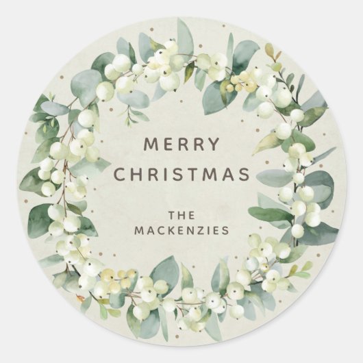 Snowberry+Eucalyptus Wreath Custom Holiday Message Runder Aufkleber (Vorderseite)