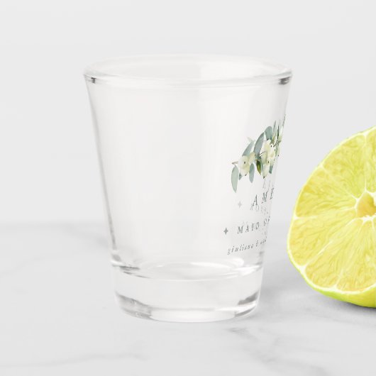 Snowberry & Eukalyptus Personalisierte Hochzeitsfe Schnapsglas (Links)