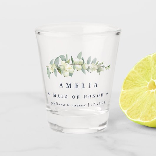Snowberry & Eukalyptus Personalisierte Hochzeitsfe Schnapsglas (Vorderseite)