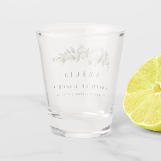Snowberry & Eukalyptus Personalisierte Hochzeitsfe Schnapsglas (Rückseite)