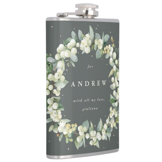 Snowberry & Eukalyptus Wreath Personalisierte Hoch Flachmann (Rechts)