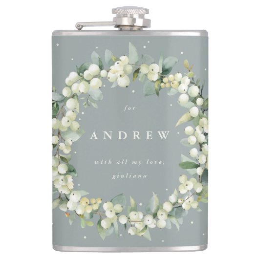 Snowberry & Eukalyptus Wreath Personalisierte Hoch Flachmann (Vorderseite)