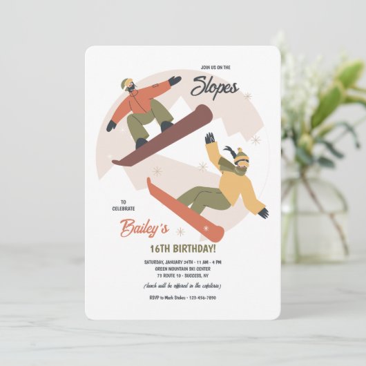 Snowboard Duo Einladung (Stehend Vorderseite)