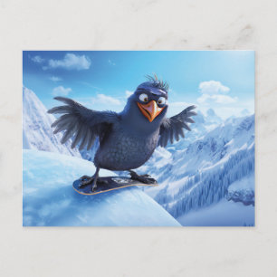 Snowboard fahrender Rabe im Winter Toon-Stil Postkarte